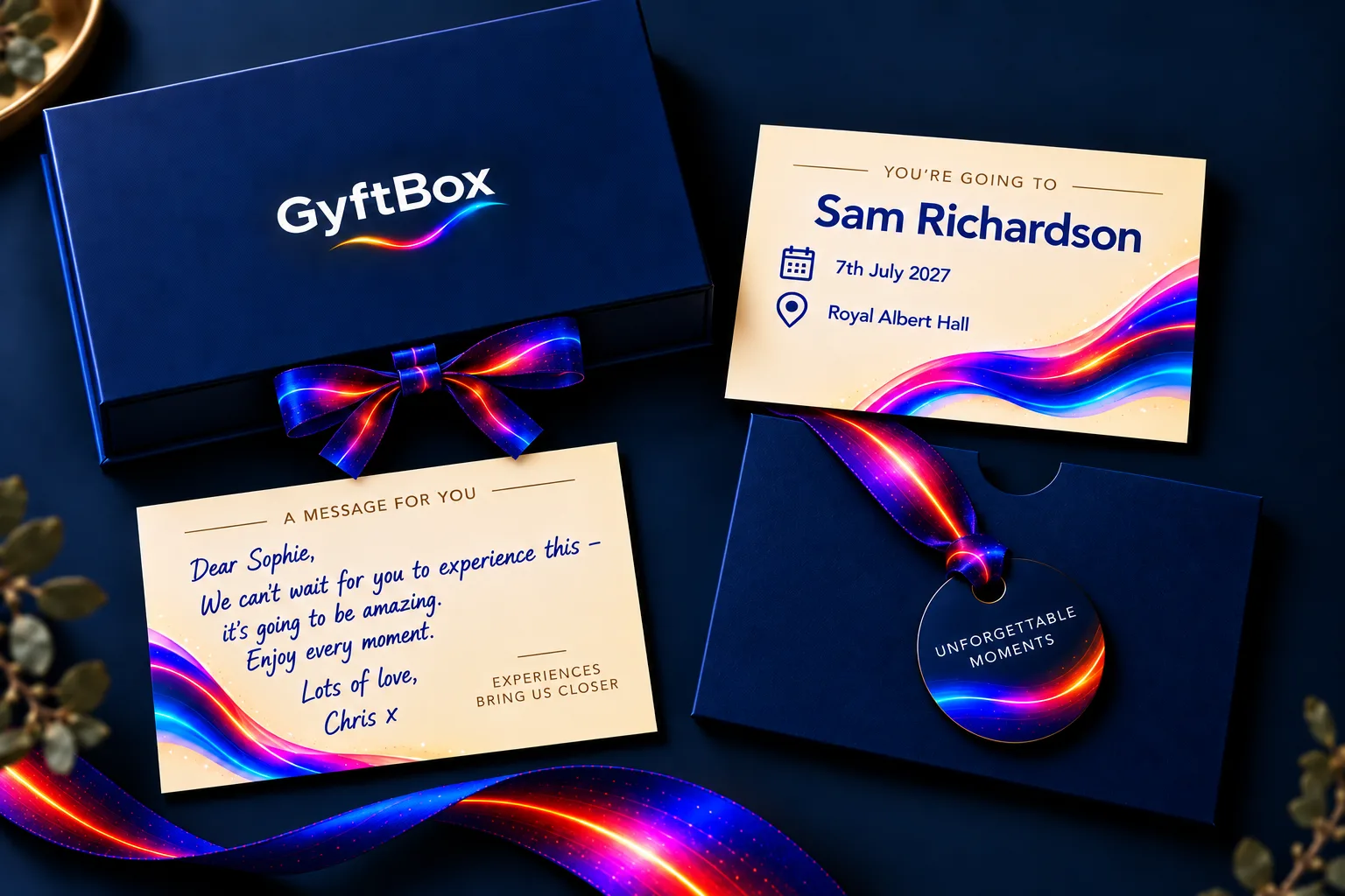 A GyftBox gift box with a colorful ribbon bow, a personal message card, an event ticket card and an 'Unforgettable Moments' keepsake tag