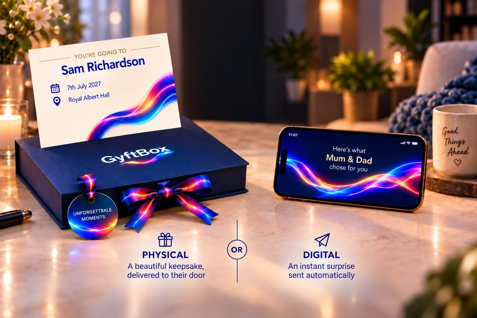 A navy GyftBox with a personalised keepsake card beside a phone showing a digital GyftBox reveal, illustrating the physical and digital gifting options