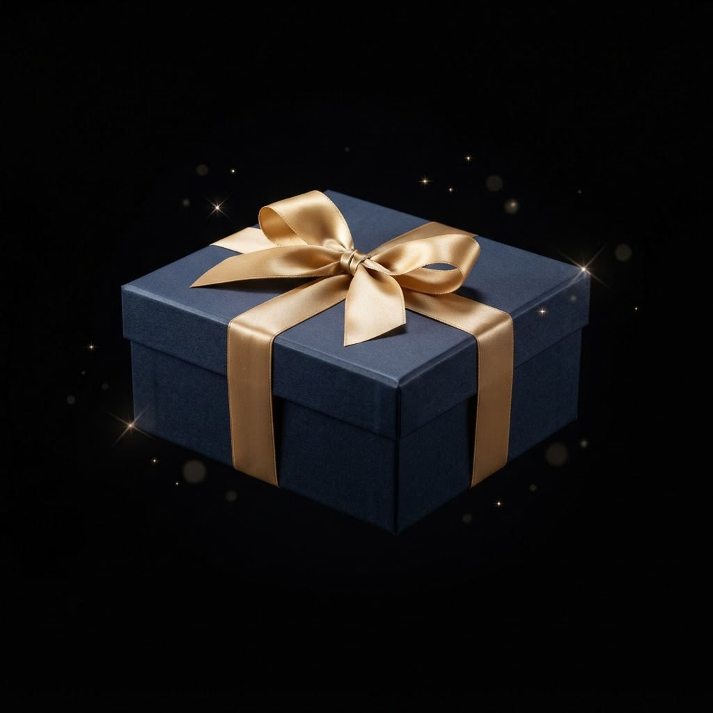 A navy GyftBox tied with a gold ribbon
