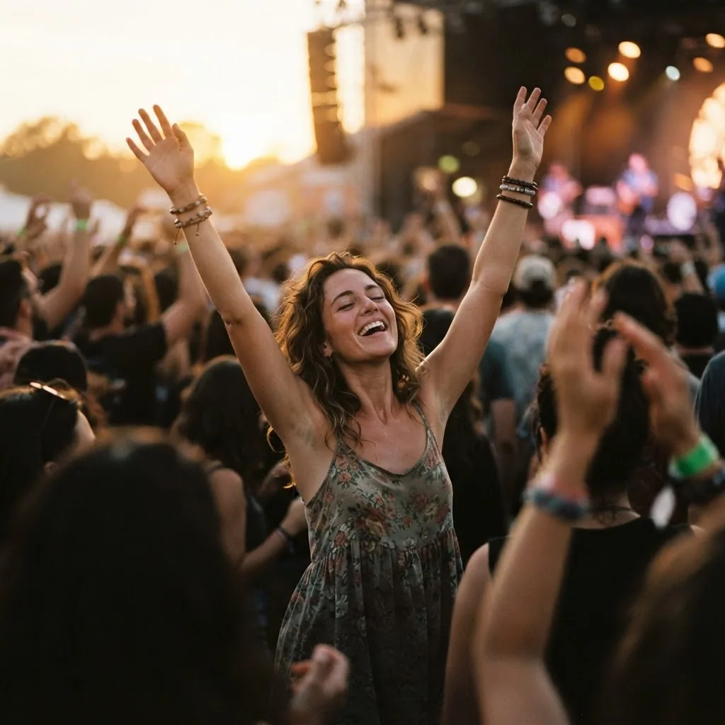 A woman with her arms raised, lost in the moment at an open-air concert at golden hour