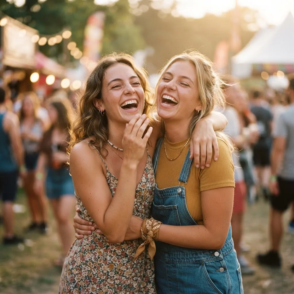 Two close friends laughing together at an outdoor festival