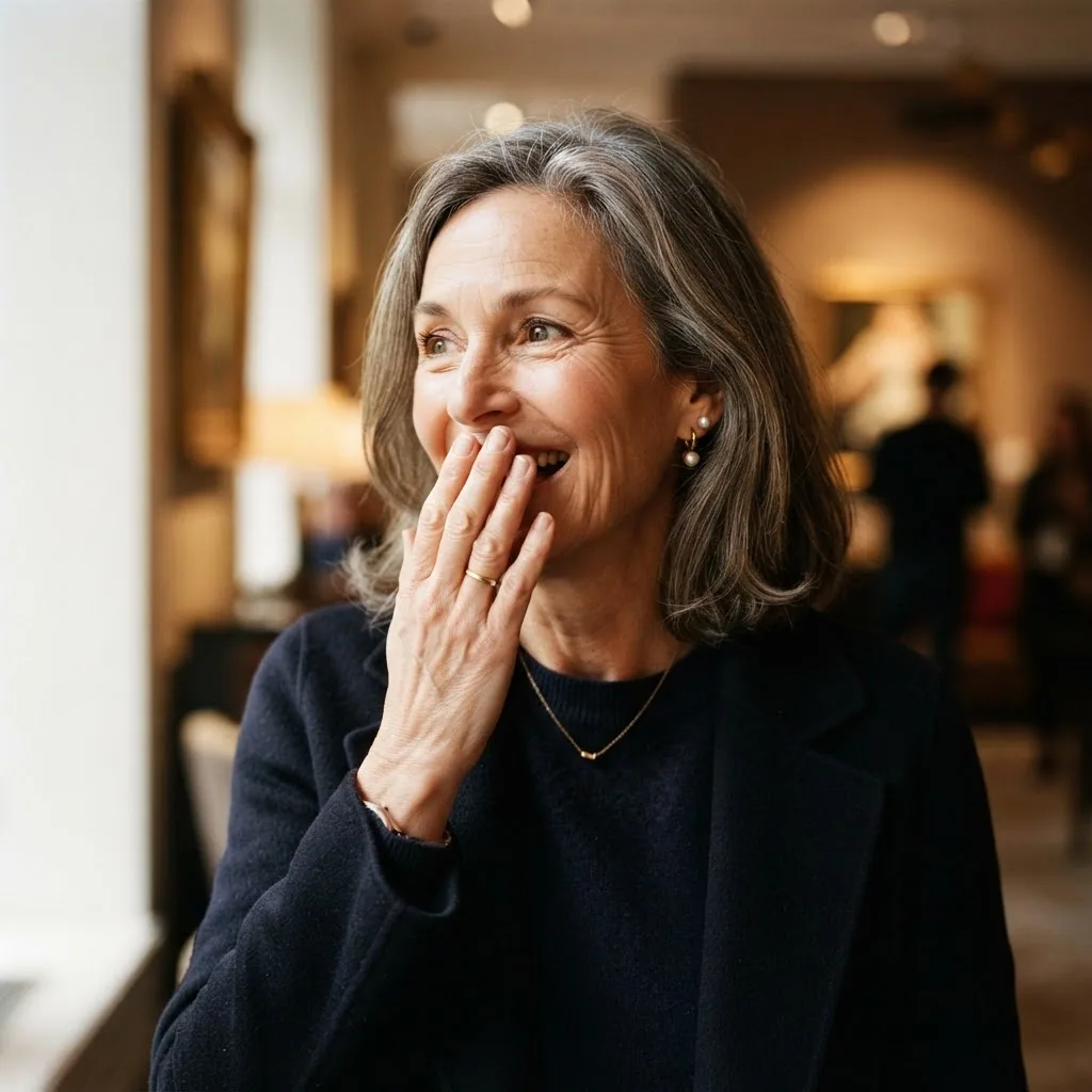 An elegant person delighted and surprised while trying something new