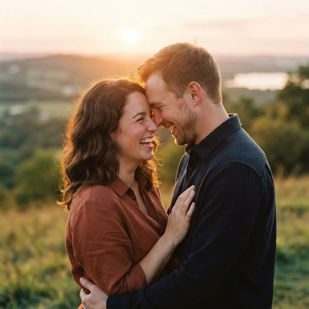 A couple laughing together outdoors at sunset